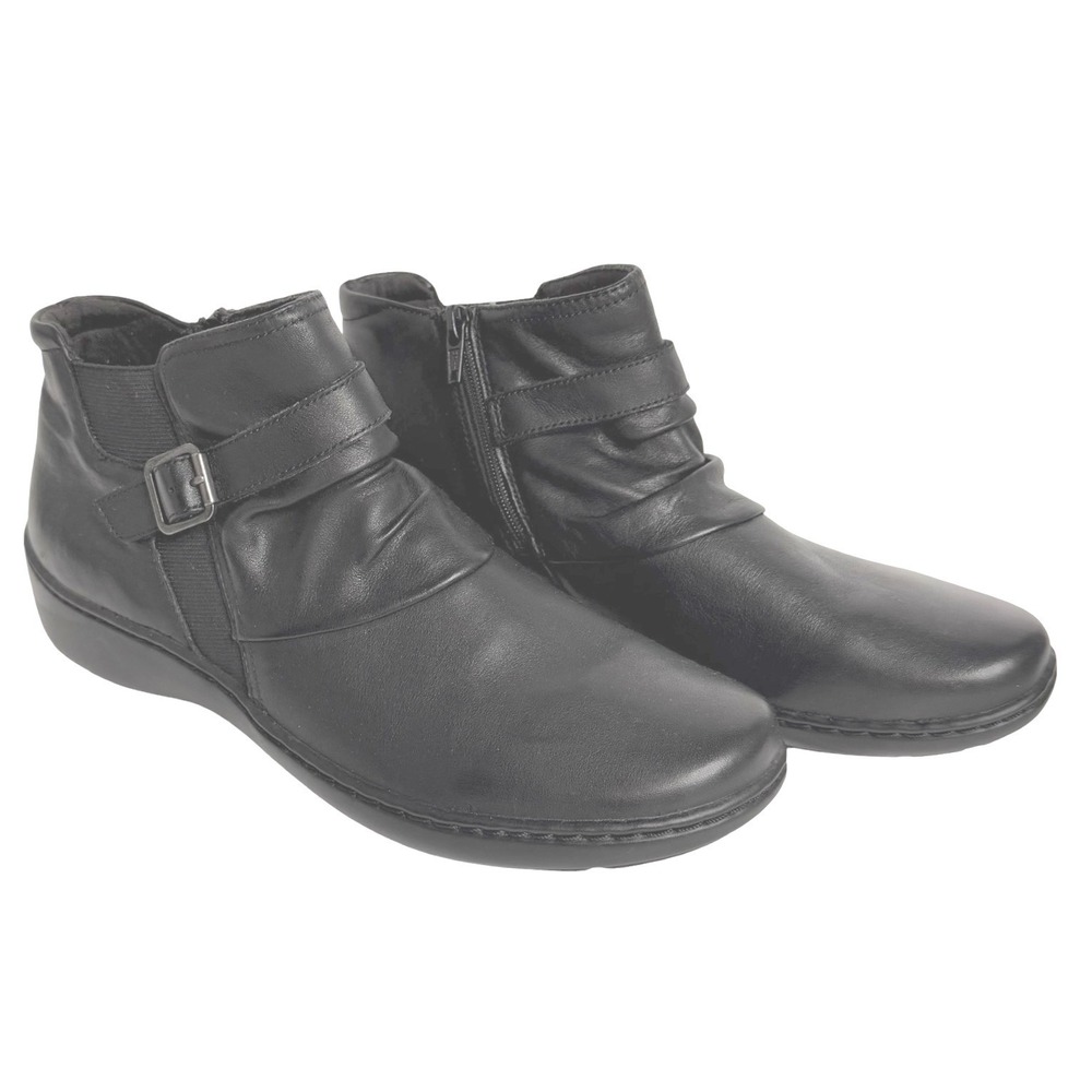 Clarks Cora Rouched‎ Black Leather Ankle Booties Comfort Womens Size 9.5M